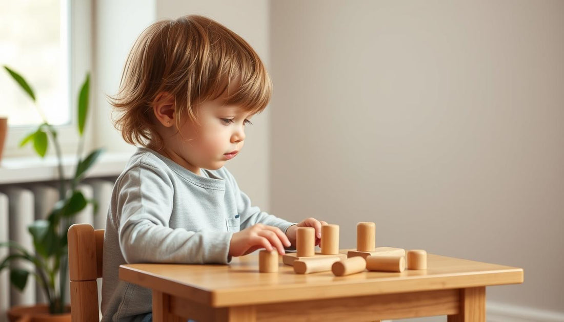 A 3-year-old child engaged with wooden Montessori counting blocks, showing focused concentration