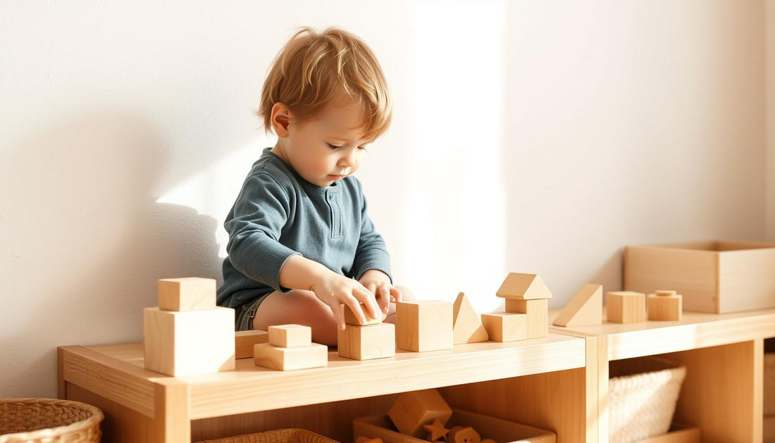 Toddler engaged with wooden creative thinking toys in a calm, organized Montessori-inspired play space