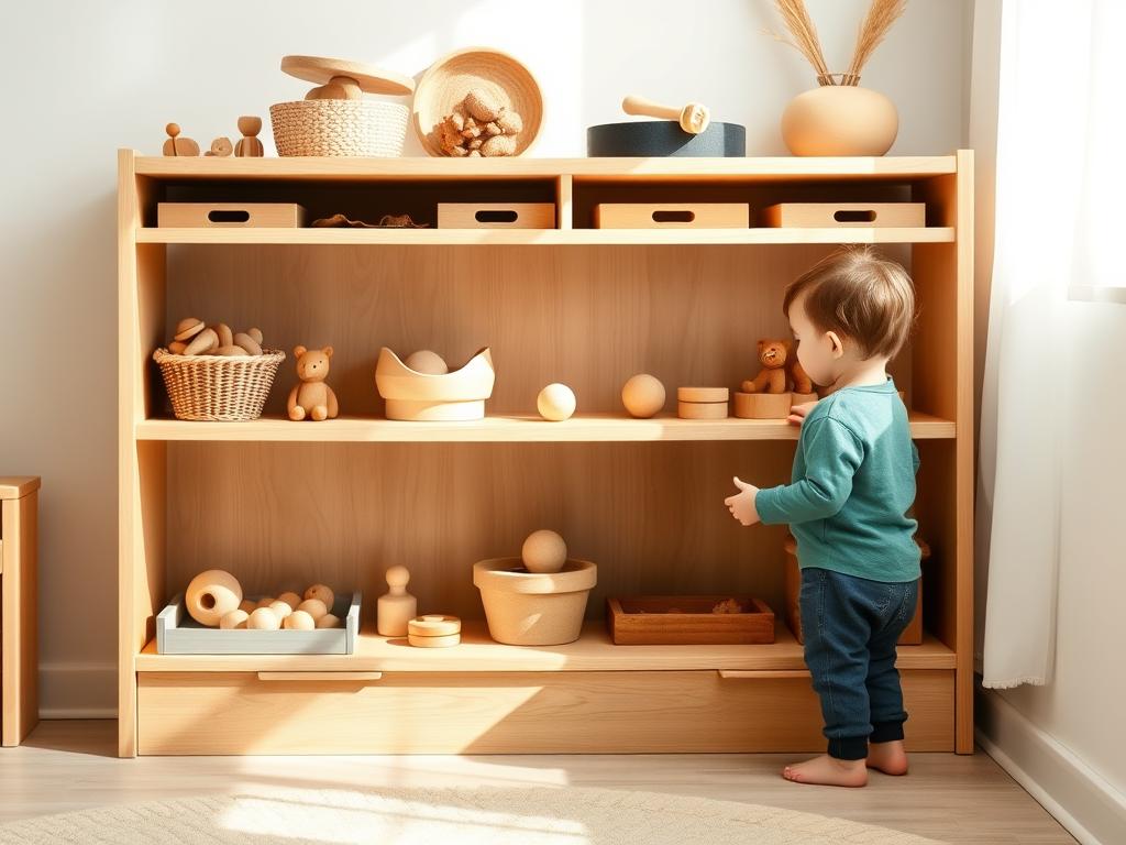 A child independently selecting a toy from a low, open Montessori shelf with neatly arranged materials