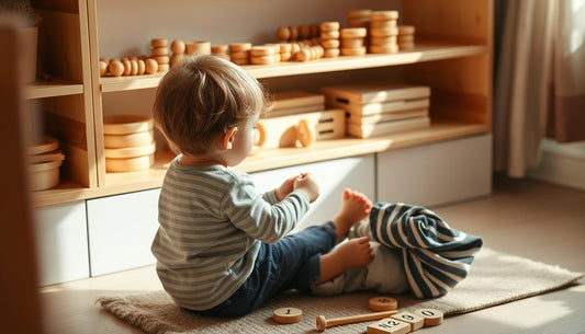 Child engaged with wooden Montessori materials, focused on independent play with natural materials
