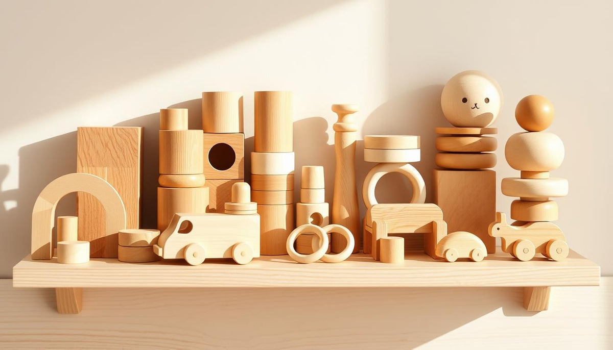 Clean wooden toys arranged on a Montessori-style shelf