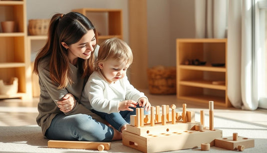 Parent and child engaged in gentle Montessori play with wooden materials
