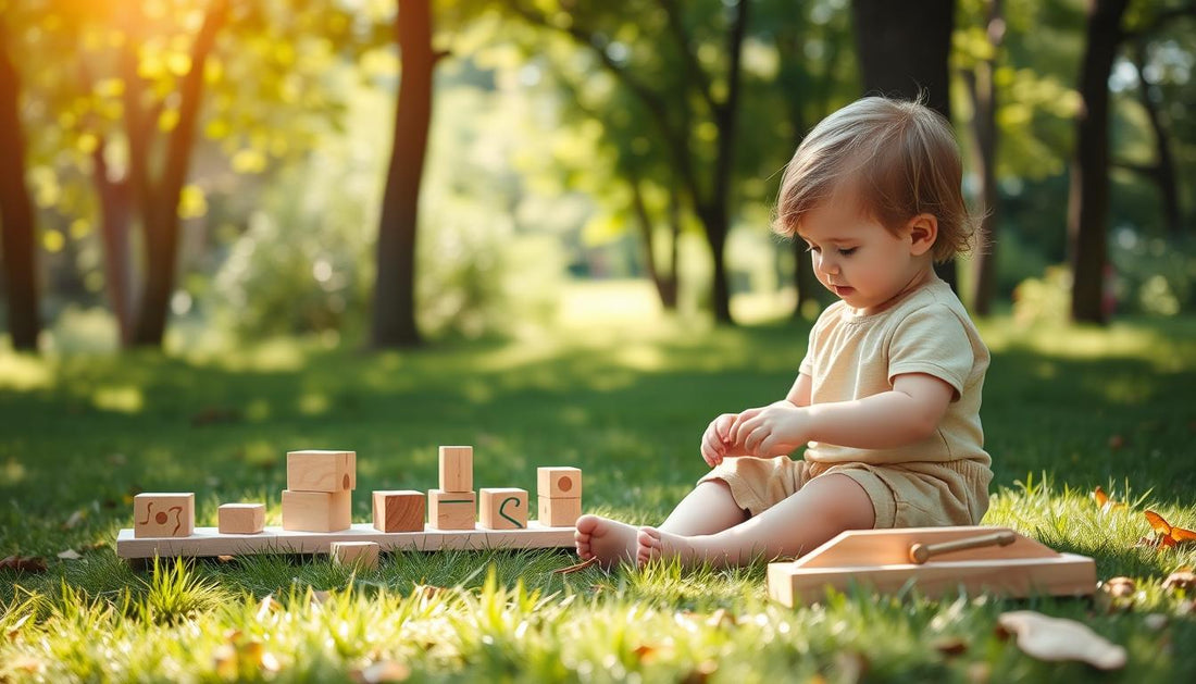 Child playing with wooden outdoor Montessori toys in a natural setting with trees and sunshine