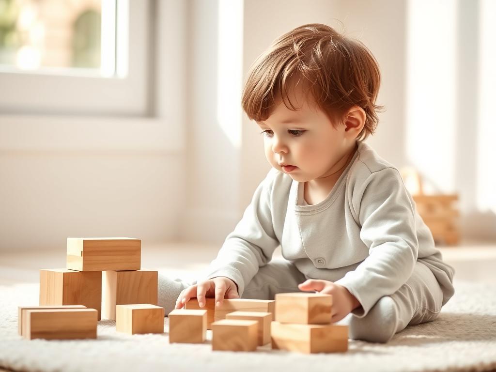 A calm toddler engaged in focused independent play with wooden blocks in a peaceful environment