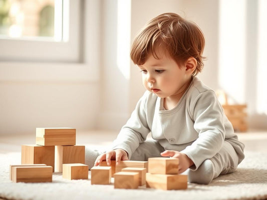 A calm toddler engaged in focused independent play with wooden blocks in a peaceful environment