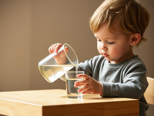 Child using practical life toys to practice pouring water between containers