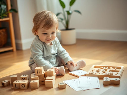 Child engaged with wooden montessori reading toys