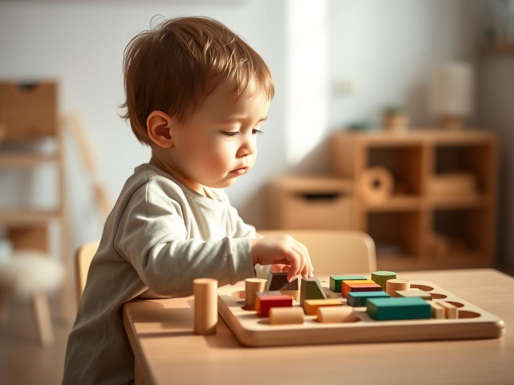 A two-year-old child engaged in focused play with wooden Montessori materials