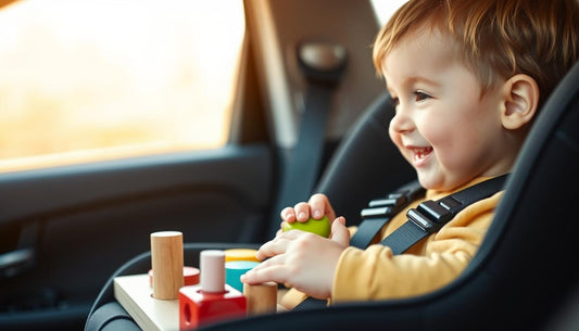 Toddler playing with wooden car ride toys in car seat