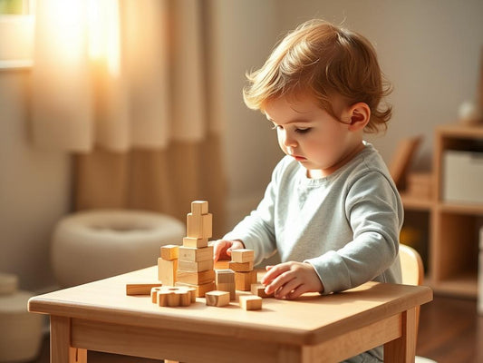 Toddler engaged in independent play with wooden Montessori materials