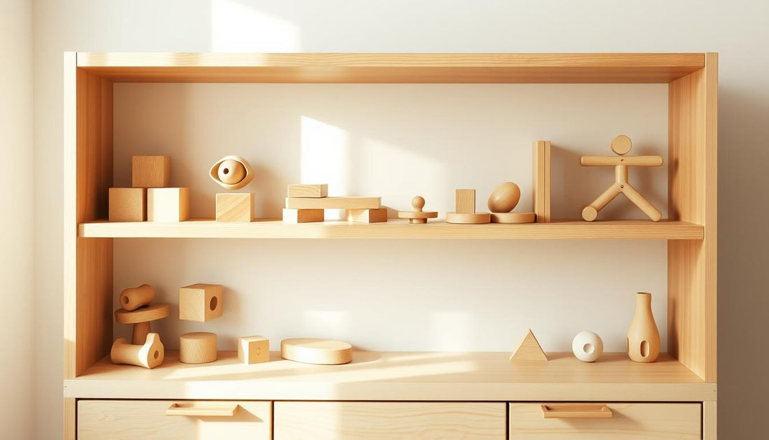 A neatly organized Montessori toy shelf with a small selection of wooden toys arranged with space between each item