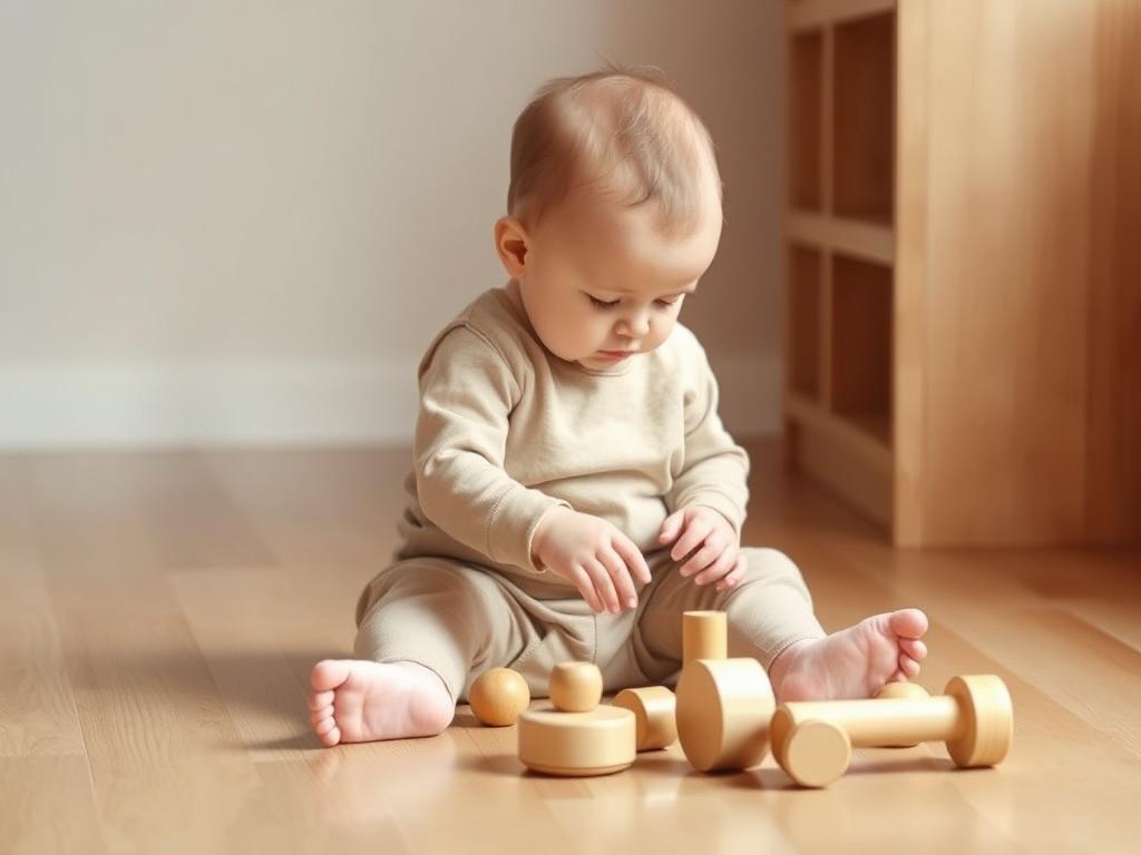 One year old baby exploring Montessori toys with focused concentration