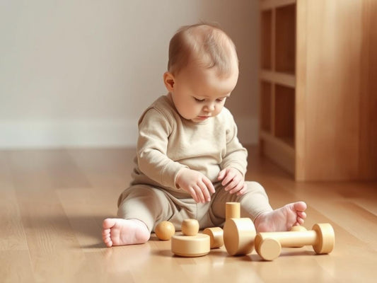One year old baby exploring Montessori toys with focused concentration