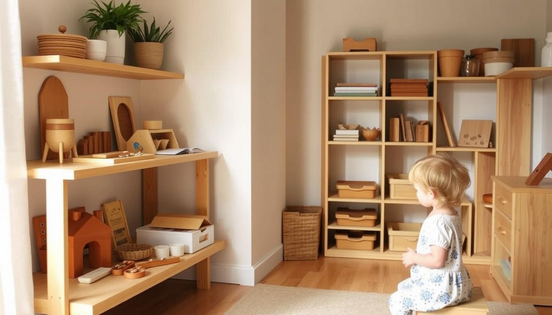 Child independently exploring Montessori materials in a prepared home environment with natural light