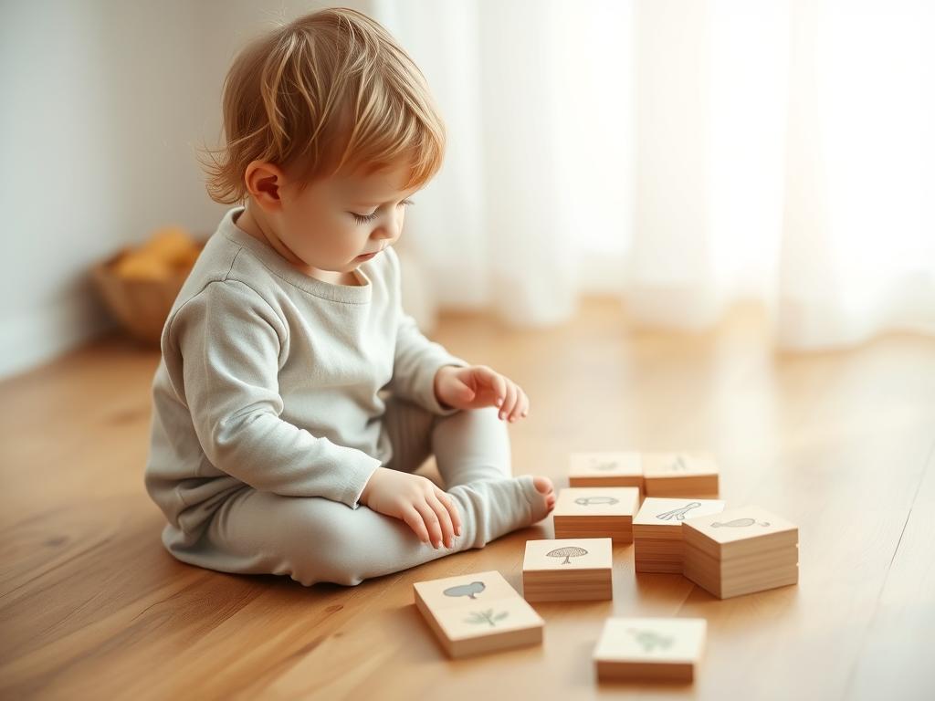 Toddler playing with wooden memory matching cards, focused expression on face