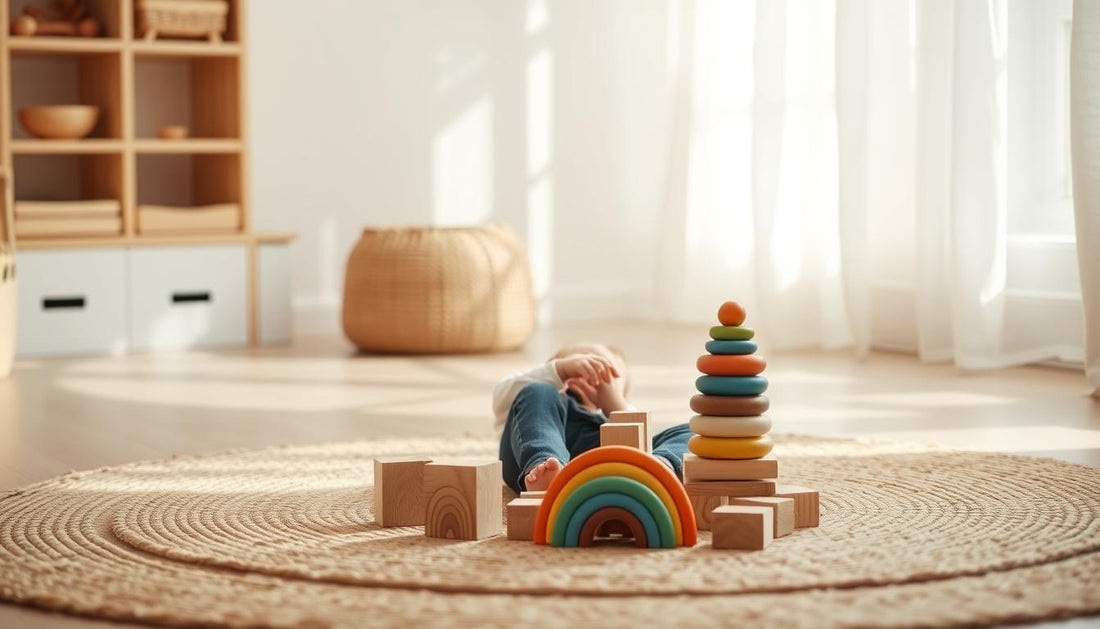 Child playing with wooden eco friendly learning toys on a natural fiber rug