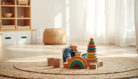 Child playing with wooden eco friendly learning toys on a natural fiber rug