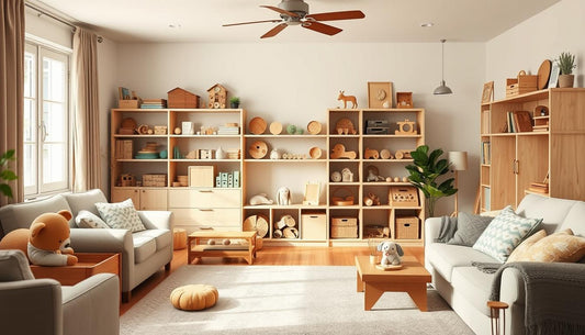 Montessori toys arranged in a cozy grandparents' living room setting