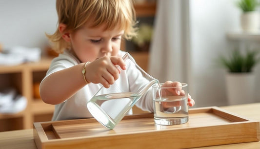 Child engaged in Montessori pouring activity with small glass pitchers on a wooden tray