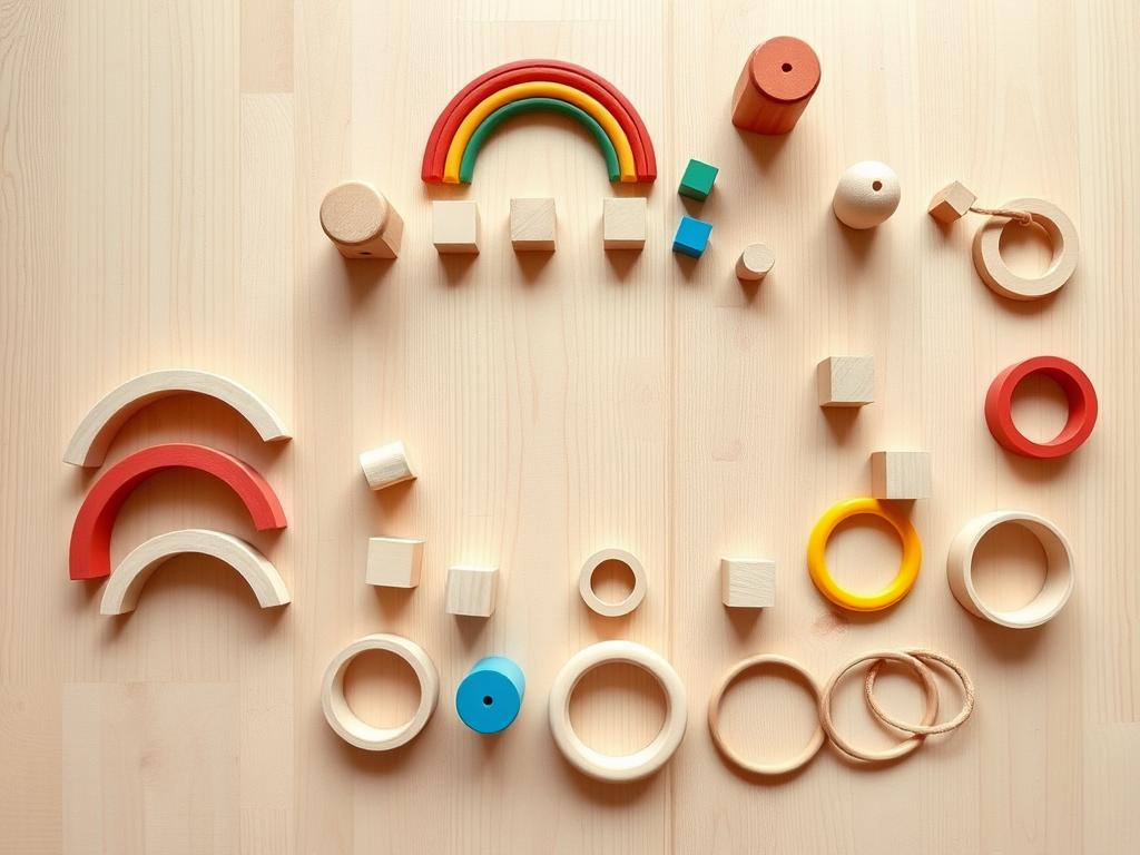 A collection of wooden Montessori stacking toys including rainbow arches, blocks, and rings arranged on a natural wood surface