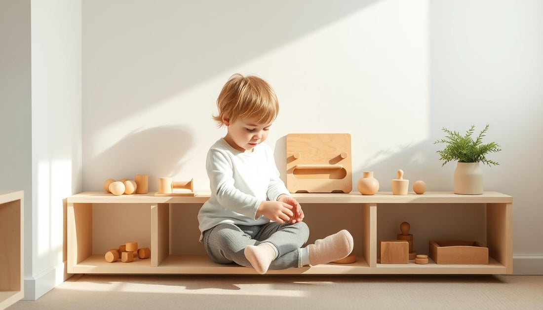 Child playing calmly with wooden Montessori toys in a minimalist play space