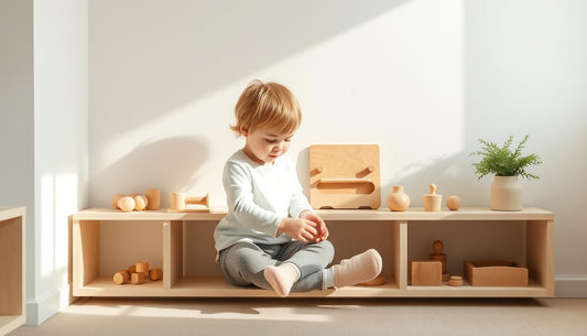 Child playing calmly with wooden Montessori toys in a minimalist play space