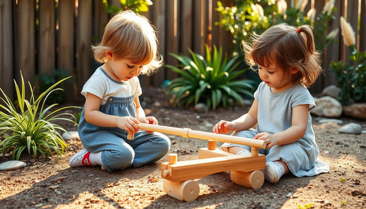 Children playing with outdoor Montessori toys in a natural backyard setting