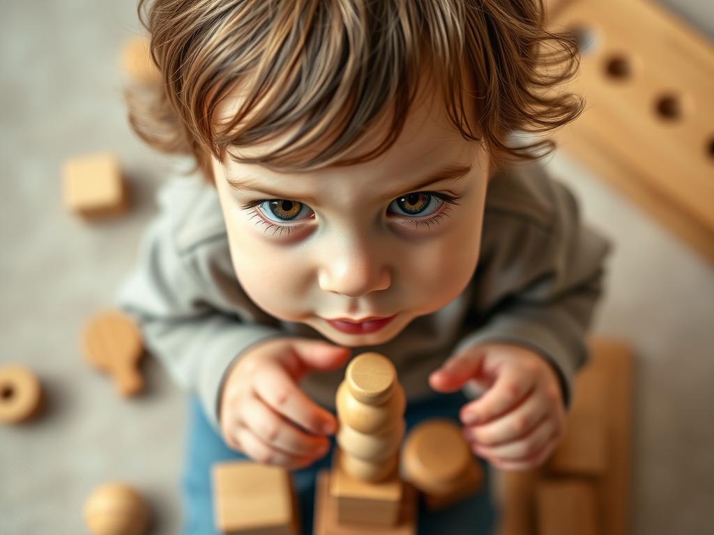 Toddler using wooden hand strengthening toys with focused expression