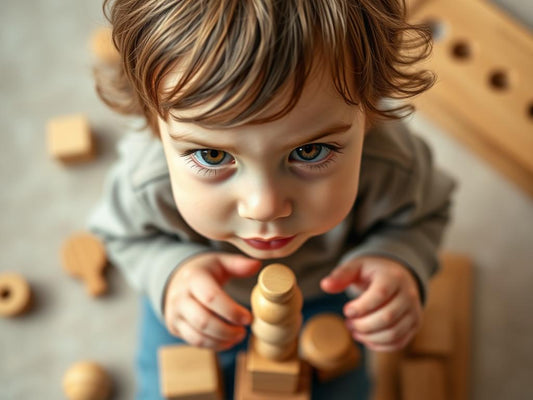 Toddler using wooden hand strengthening toys with focused expression