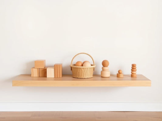 A simple Montessori shelf with a few carefully selected wooden toys arranged neatly with space between each item