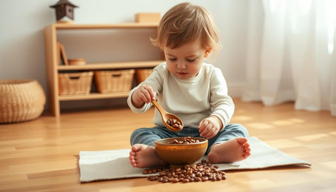 Child engaged in a Montessori activity at home with natural materials on a low shelf