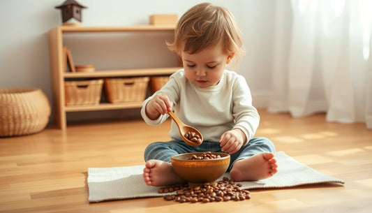 Child engaged in a Montessori activity at home with natural materials on a low shelf