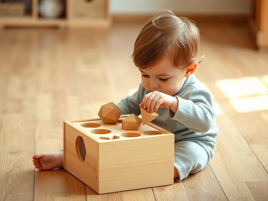 Child playing with wooden Montessori shape sorter showing concentration and focus