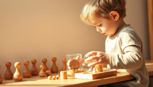 Child engaged with Montessori practical life toys arranged on a wooden shelf