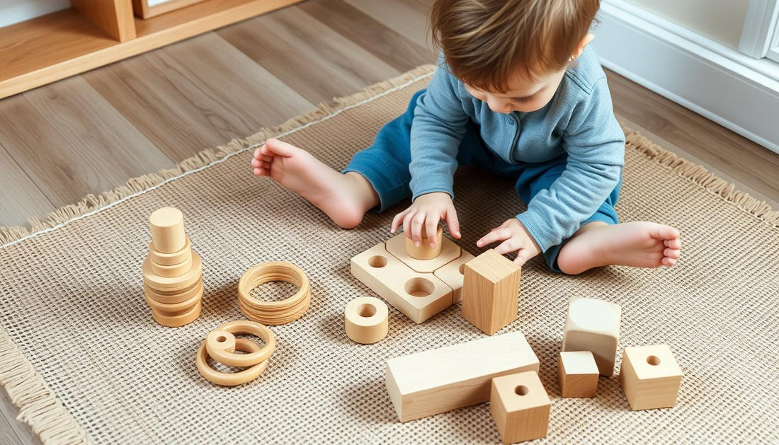 Toddler playing with wooden Montessori toys on a natural play mat