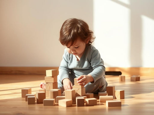 A child playing with wooden blocks that can be used from toddlerhood through elementary years, demonstrating toys that grow with