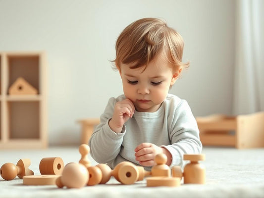 A calm toddler quietly exploring wooden toys in a peaceful, natural light setting