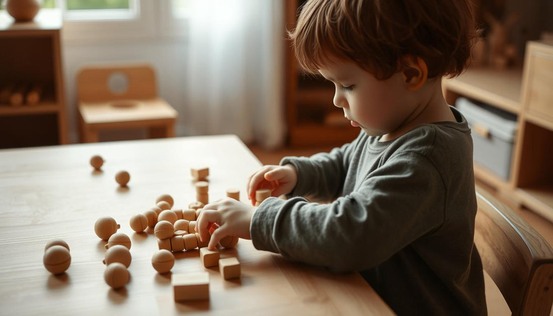 Child engaged in focused play with wooden fine motor toys on a natural wood table