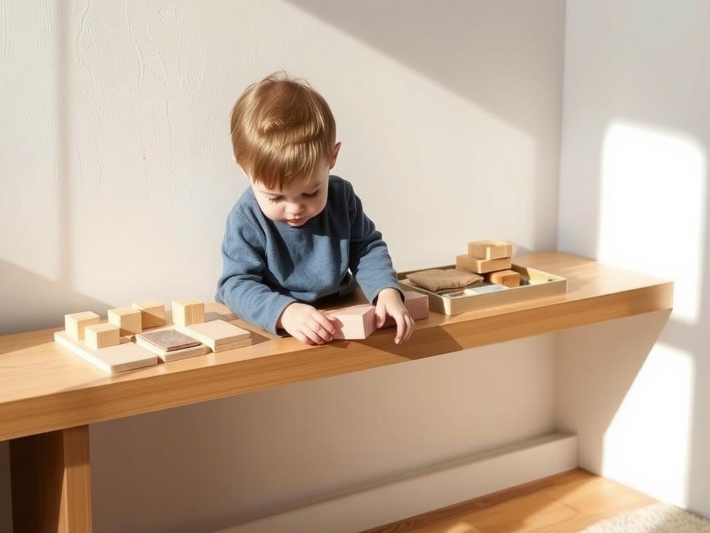 Child exploring DIY Montessori materials made from natural elements like wooden blocks and fabric swatches
