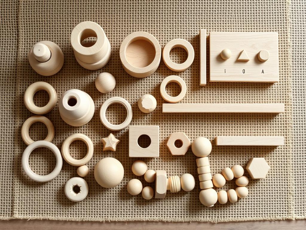 A collection of wooden Montessori toys including stacking rings, shape sorters, and counting beads arranged on a natural fiber m