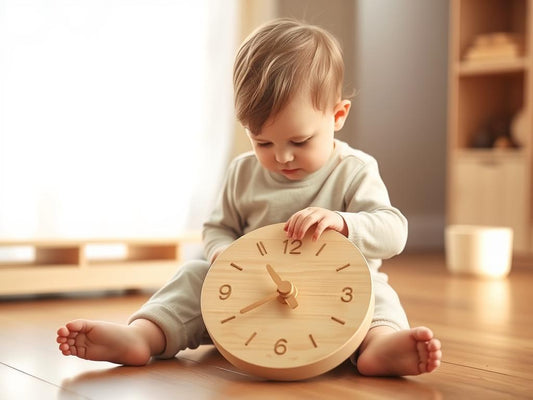 Toddler exploring a wooden clock toy with movable hands