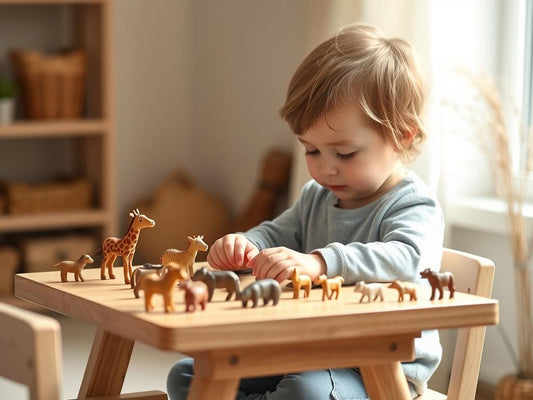 Child playing with realistic wooden Montessori animal toys on a natural wood table