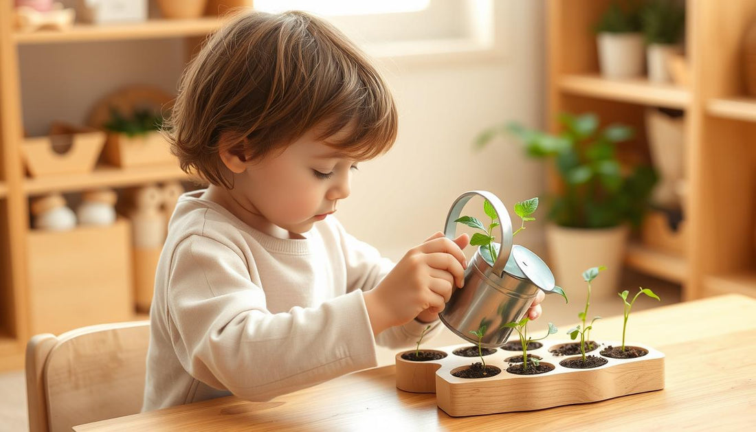 Child carefully watering plants as part of Montessori responsibility activities