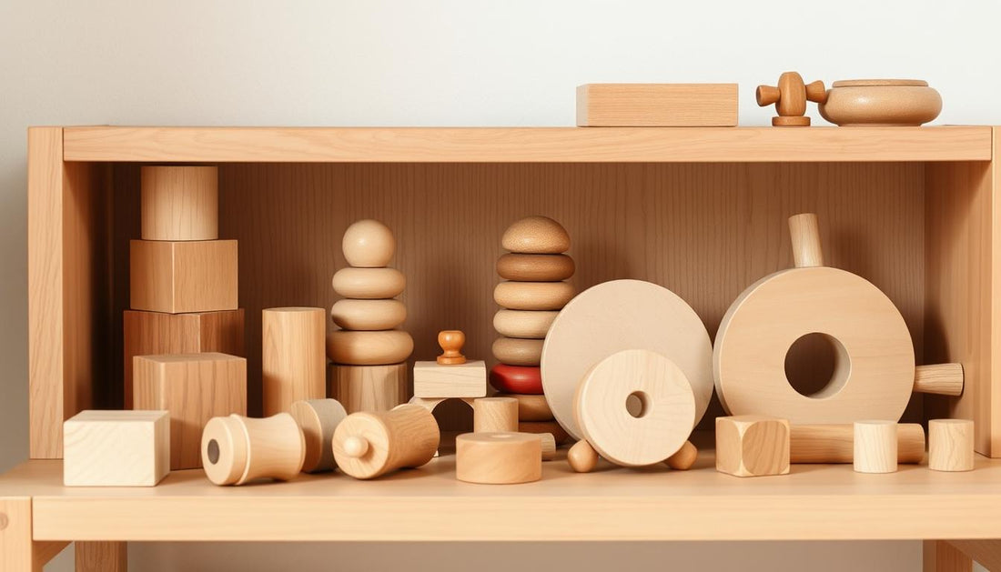 A collection of wooden Montessori toys arranged on a simple wooden shelf, showing natural materials and simple designs