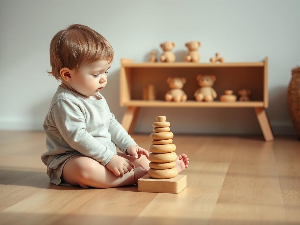 A child deeply engaged with a single wooden Montessori toy on a simple shelf with just a few quality toys, demonstrating how man