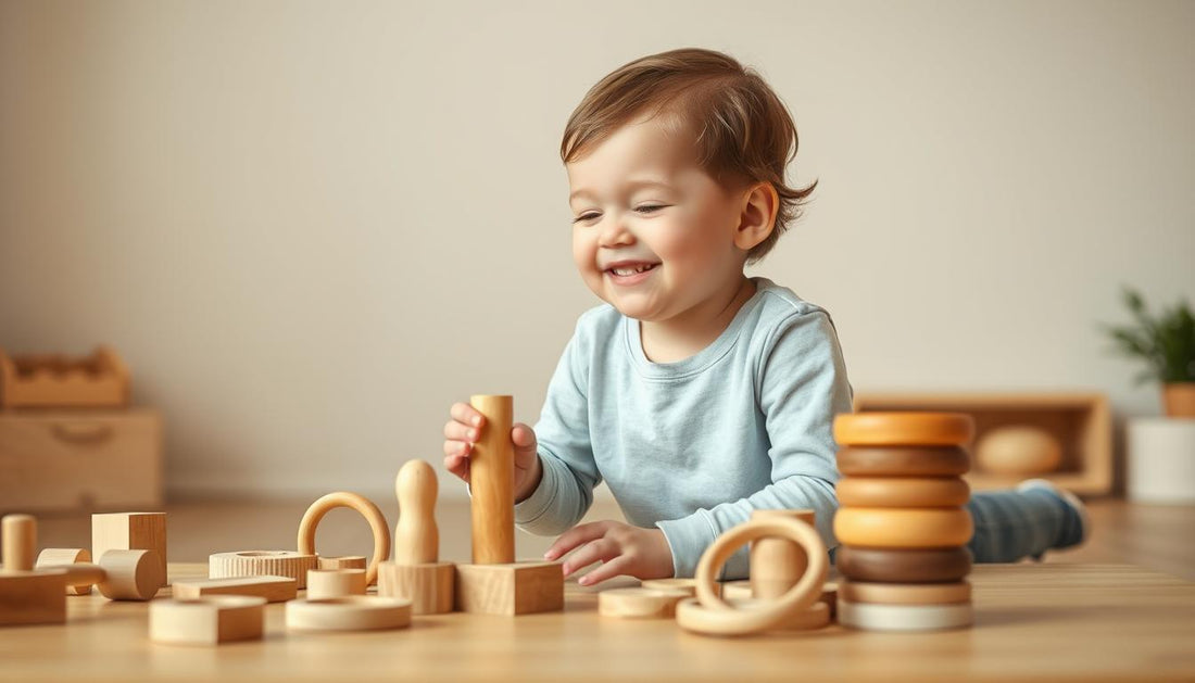 A child with special needs engaged with wooden Montessori toys on a natural play surface