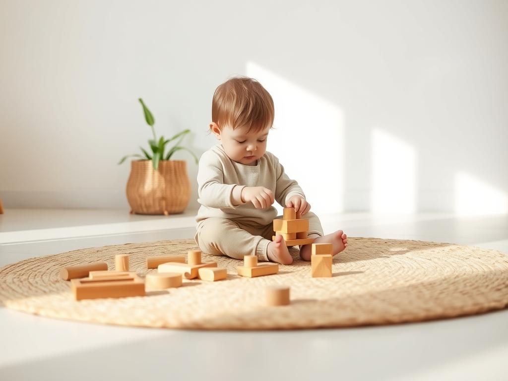 Child engaged in quiet Montessori activity with natural materials