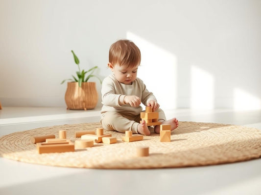 Child engaged in quiet Montessori activity with natural materials