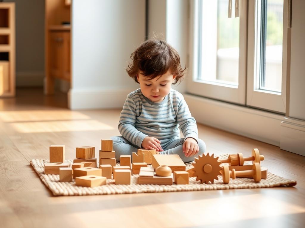 Child playing with wooden Montessori STEM blocks and shapes