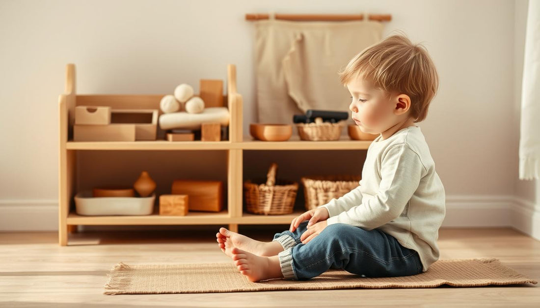 Child engaged in a weekend Montessori activity with natural materials on a low wooden shelf